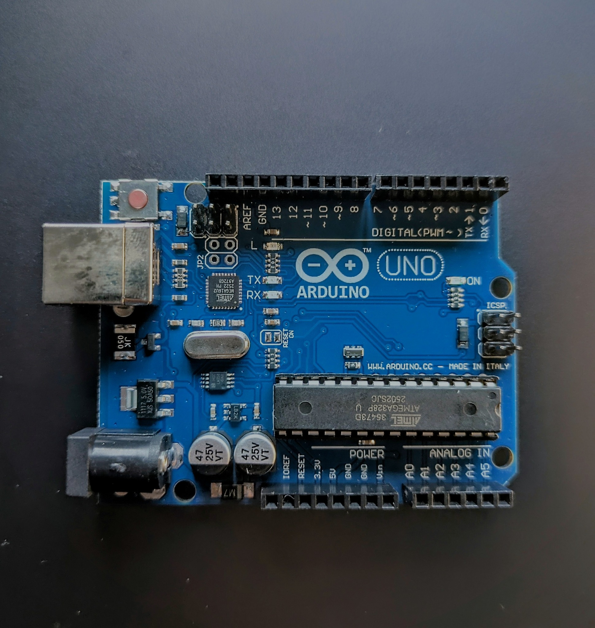 Arduino Uno R3 compatible development board, front view