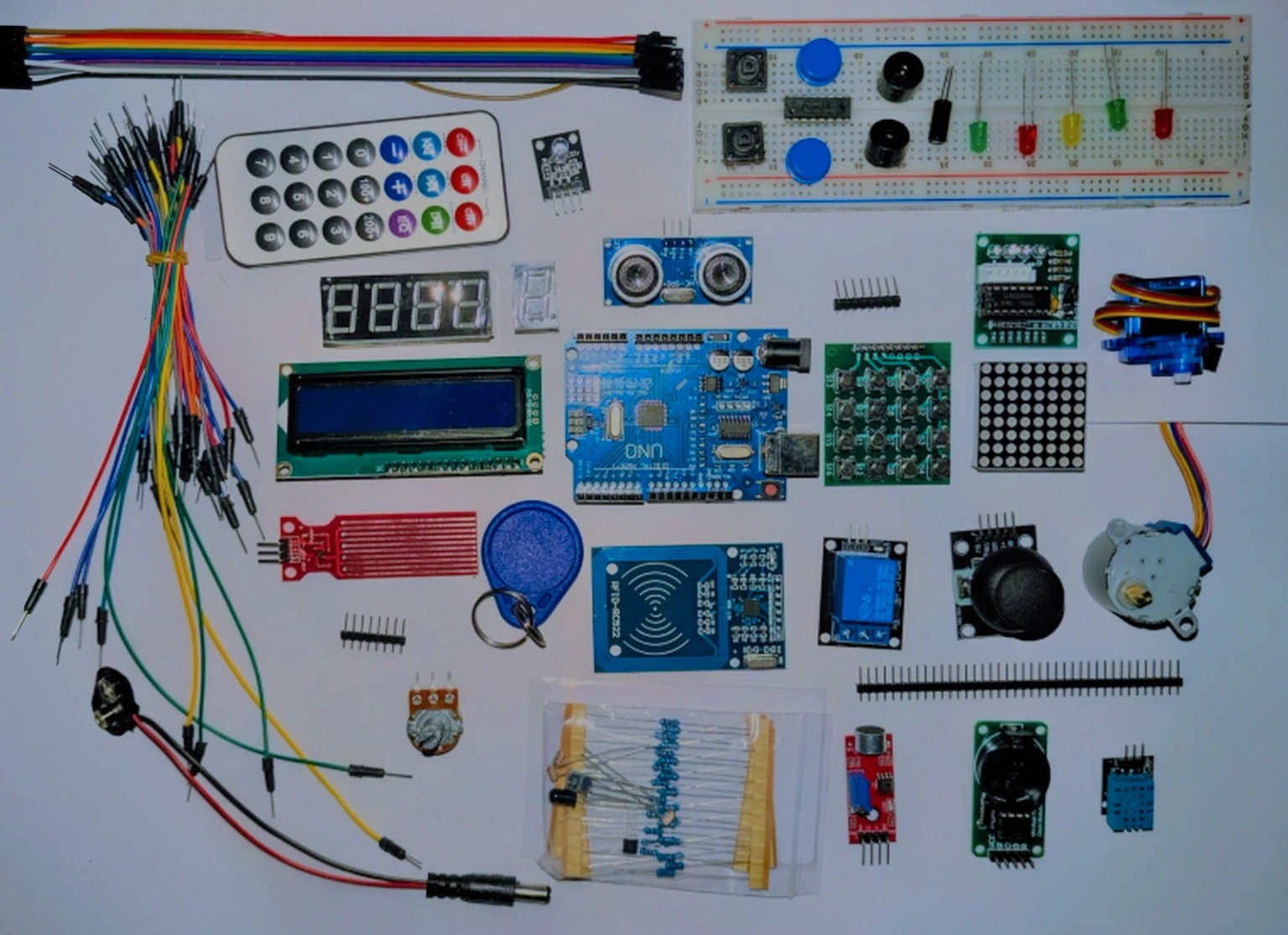 Arduino kit components laid out